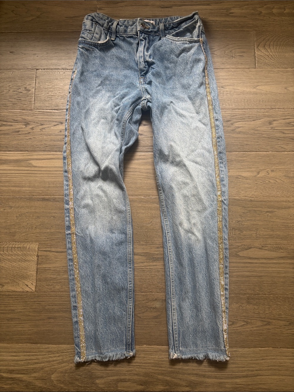 Zara | Light Blue Straight Jeans with Metallic Beads Side Trim Size 04